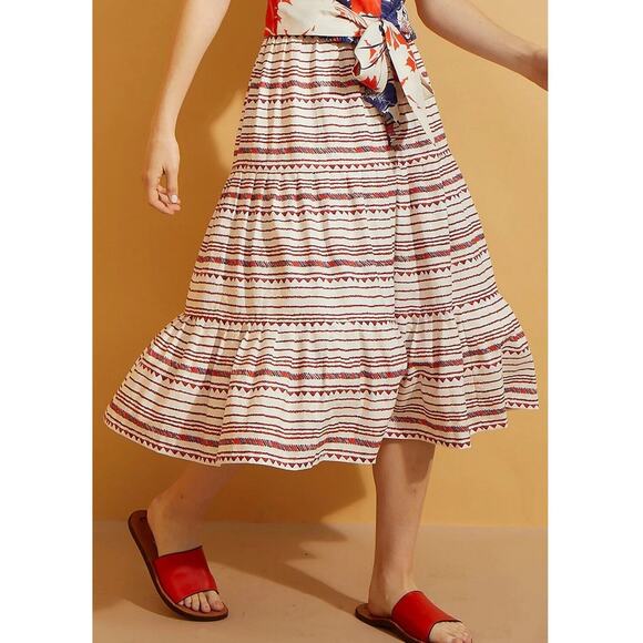 Hope‎ for Flowers Tracy Reese Stripe Tiered Skirt Size Small Midi White Red Boho - Picture 6 of 9